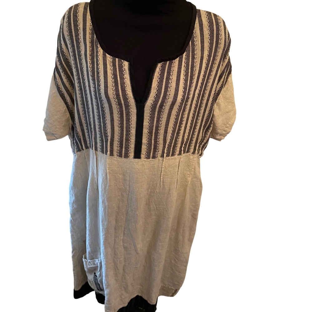 Mara Gibbucci 100% Linen Dress XL Beige Striped Lagenlook Art To Wear Pockets